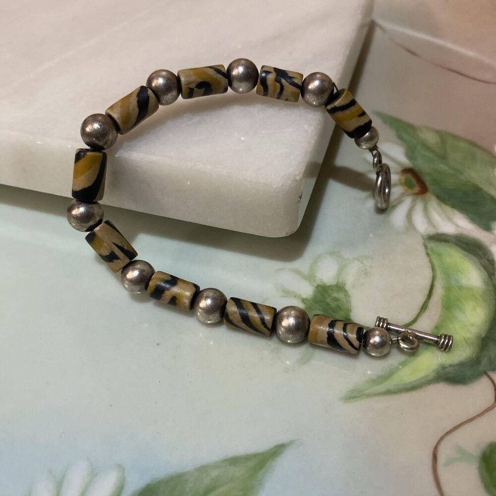 Vtg Sterling Silver Polished Printed Bead 8" Toggle Bracelet